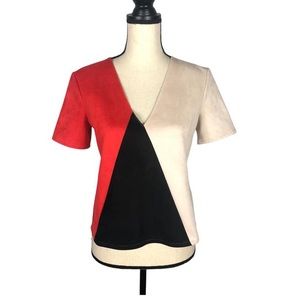 Zara Faux Suede Color Block V-neck Red Black & Cream Top 
| Size: XL